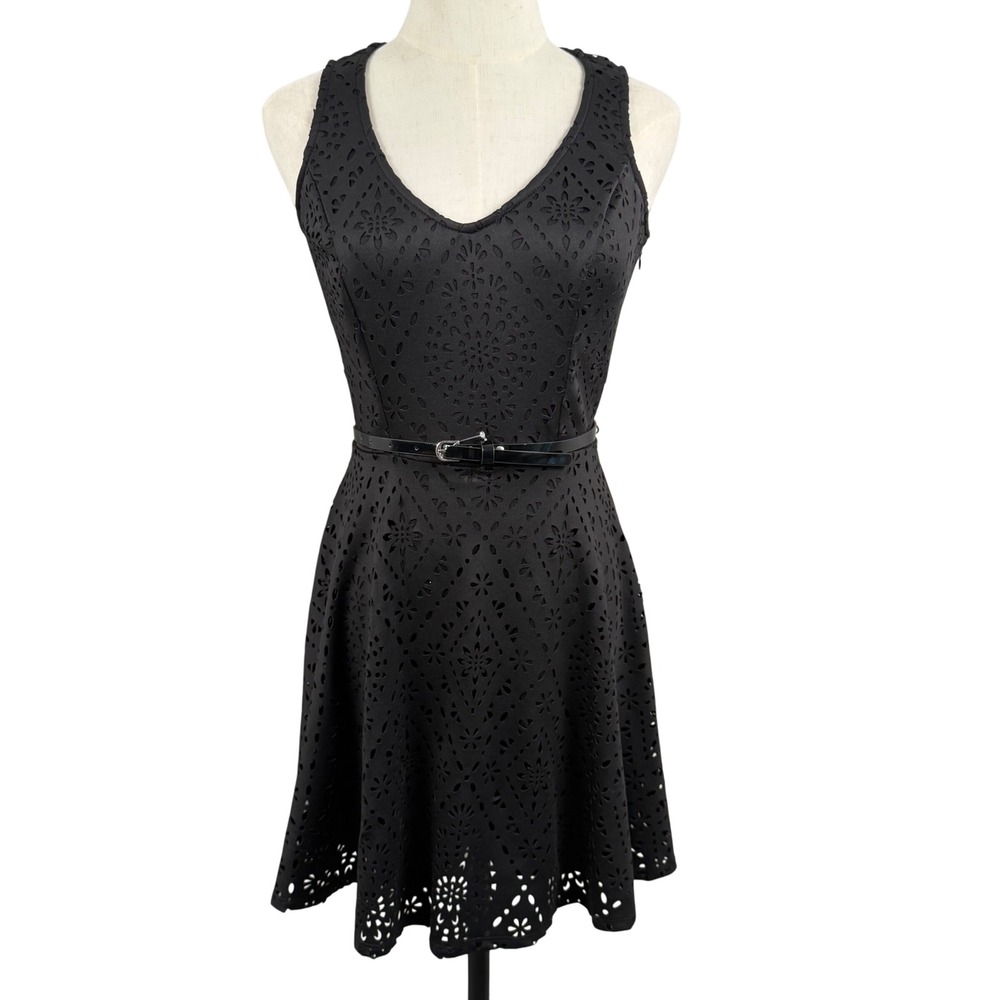 Candies 3 Fit Flare Dress Black Laser Cut Skater Eyelet Belted Back Cutout LBD‎